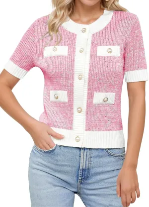 LCXWFE Womens Cropped Short Sleeve Cardigan Sweaters Crew Neck Button Down Tweed Cardigans Knitwear Tops with Pockets