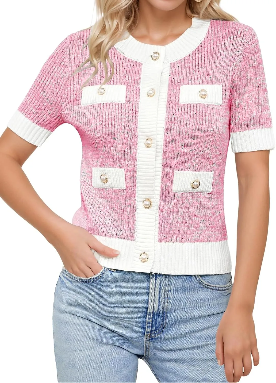 LCXWFE Womens Cropped Short Sleeve Cardigan Sweaters Crew Neck Button Down Tweed Cardigans Knitwear Tops with Pockets