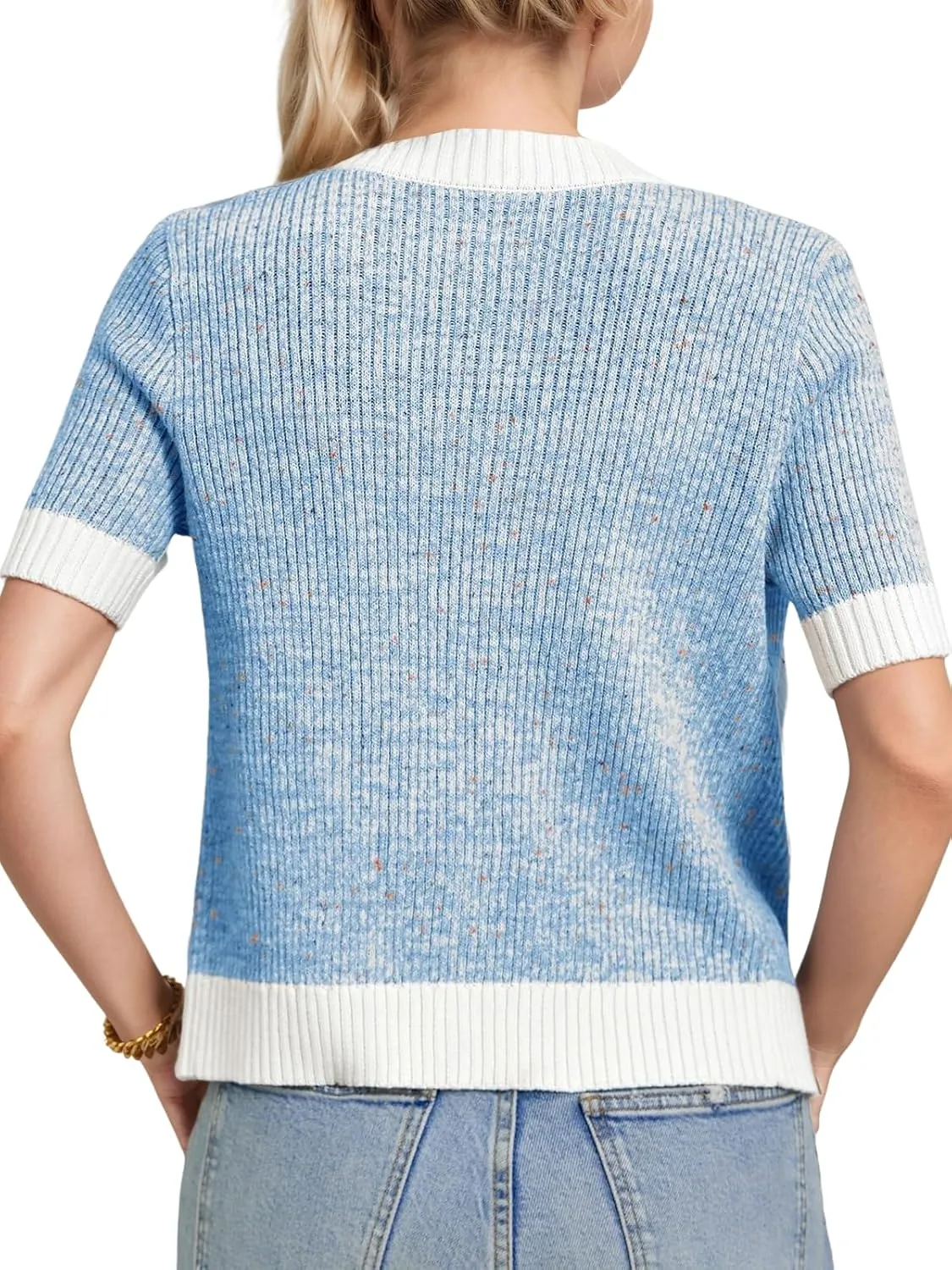 LCXWFE Womens Cropped Short Sleeve Cardigan Sweaters Crew Neck Button Down Tweed Cardigans Knitwear Tops with Pockets