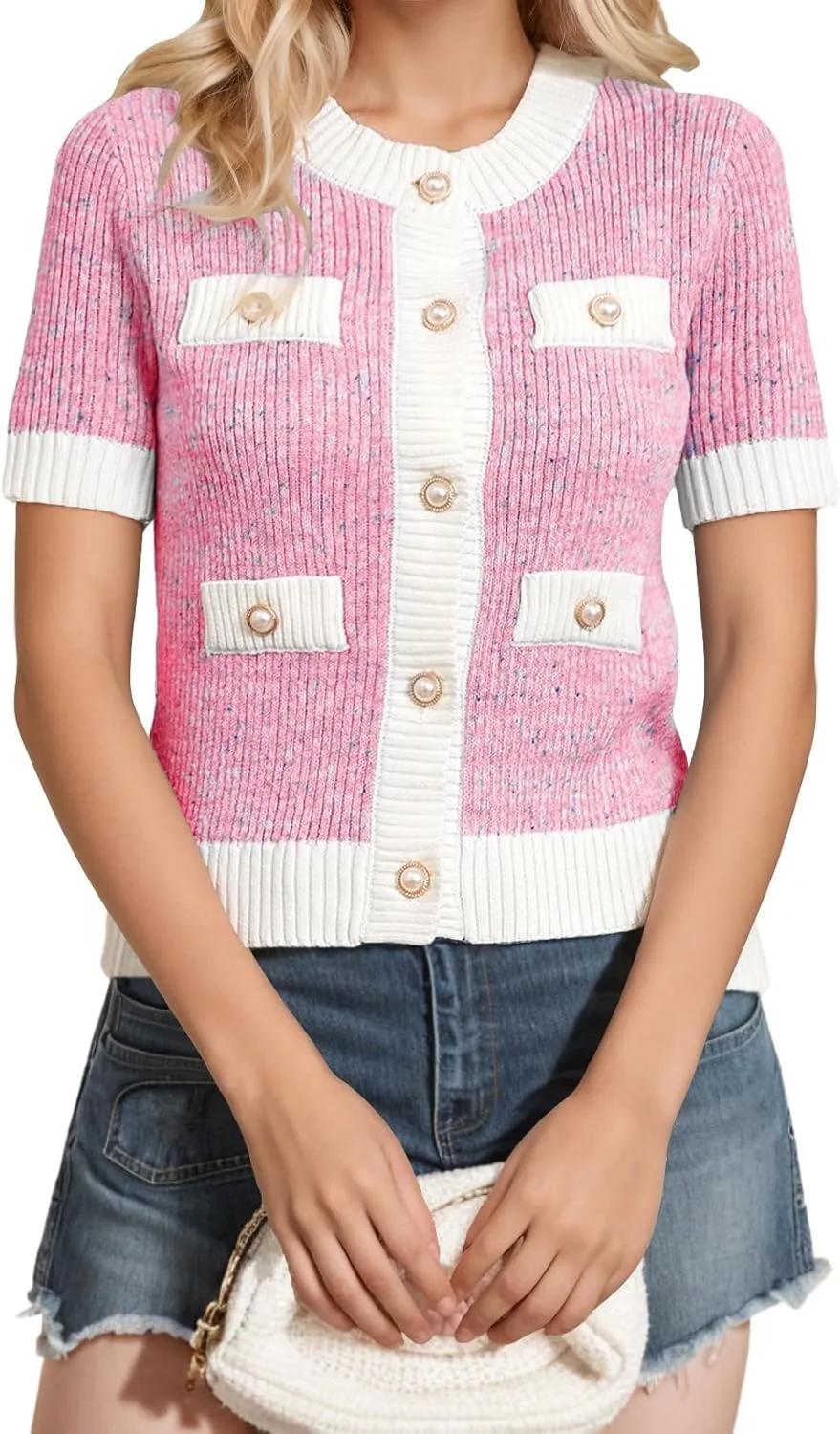 LCXWFE Womens Cropped Short Sleeve Cardigan Sweaters Crew Neck Button Down Tweed Cardigans Knitwear Tops with Pockets