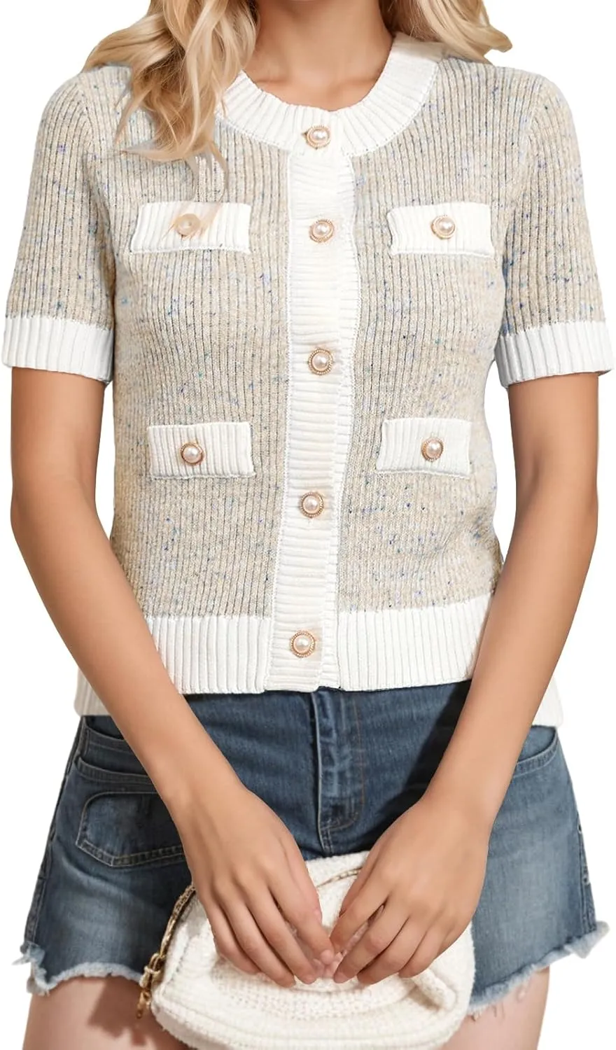LCXWFE Womens Cropped Short Sleeve Cardigan Sweaters Crew Neck Button Down Tweed Cardigans Knitwear Tops with Pockets