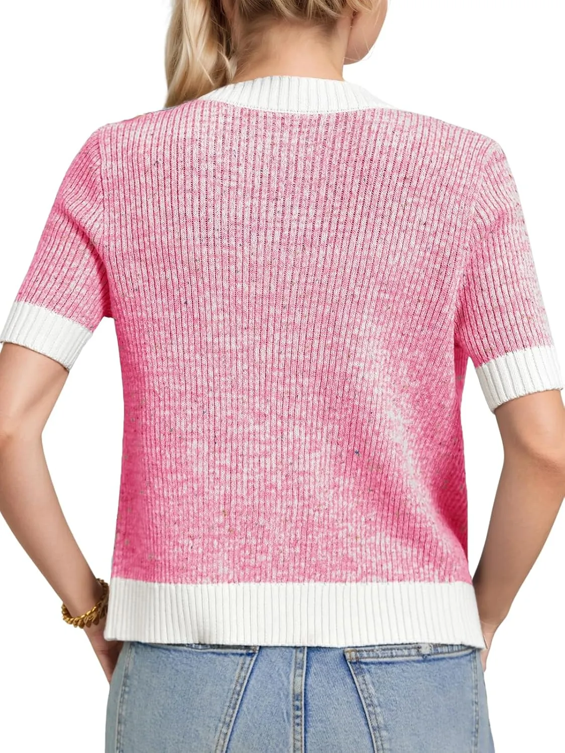 LCXWFE Womens Cropped Short Sleeve Cardigan Sweaters Crew Neck Button Down Tweed Cardigans Knitwear Tops with Pockets