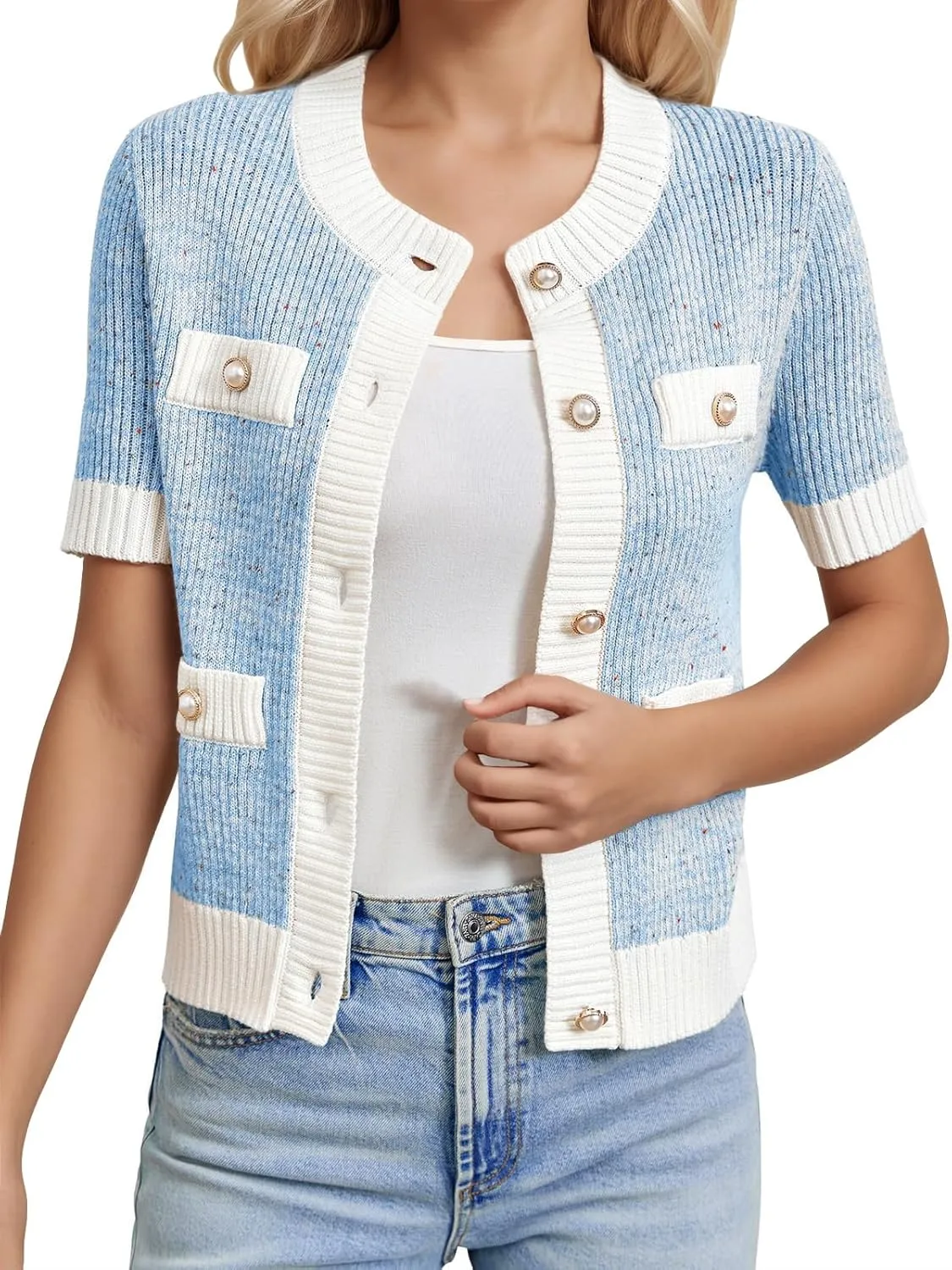 LCXWFE Womens Cropped Short Sleeve Cardigan Sweaters Crew Neck Button Down Tweed Cardigans Knitwear Tops with Pockets