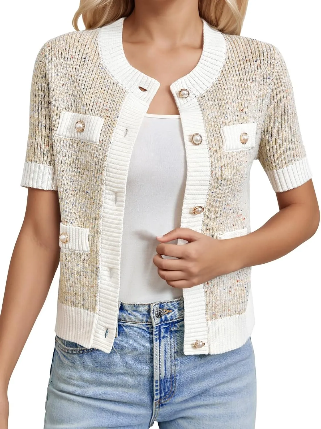 LCXWFE Womens Cropped Short Sleeve Cardigan Sweaters Crew Neck Button Down Tweed Cardigans Knitwear Tops with Pockets