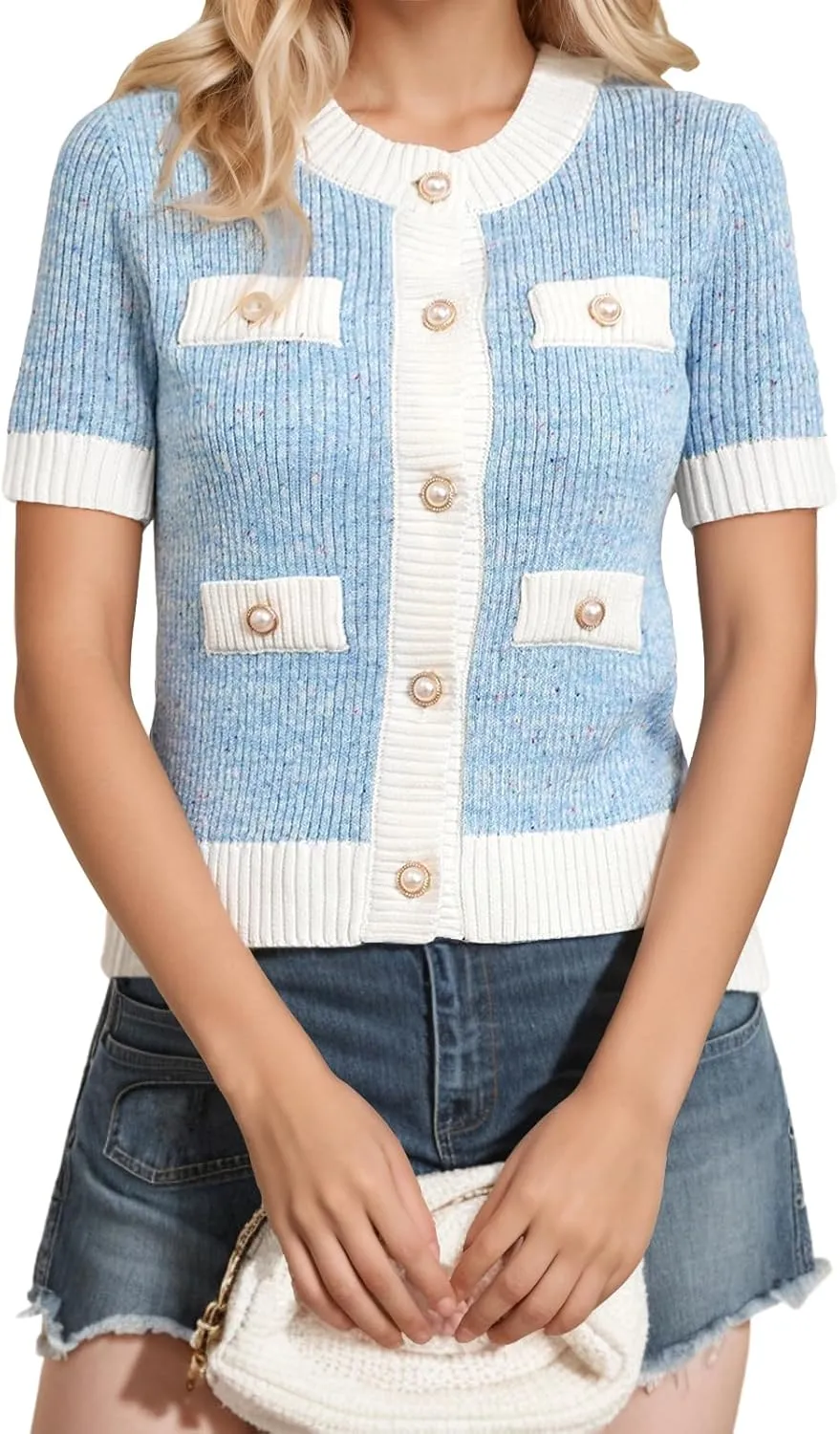 LCXWFE Womens Cropped Short Sleeve Cardigan Sweaters Crew Neck Button Down Tweed Cardigans Knitwear Tops with Pockets