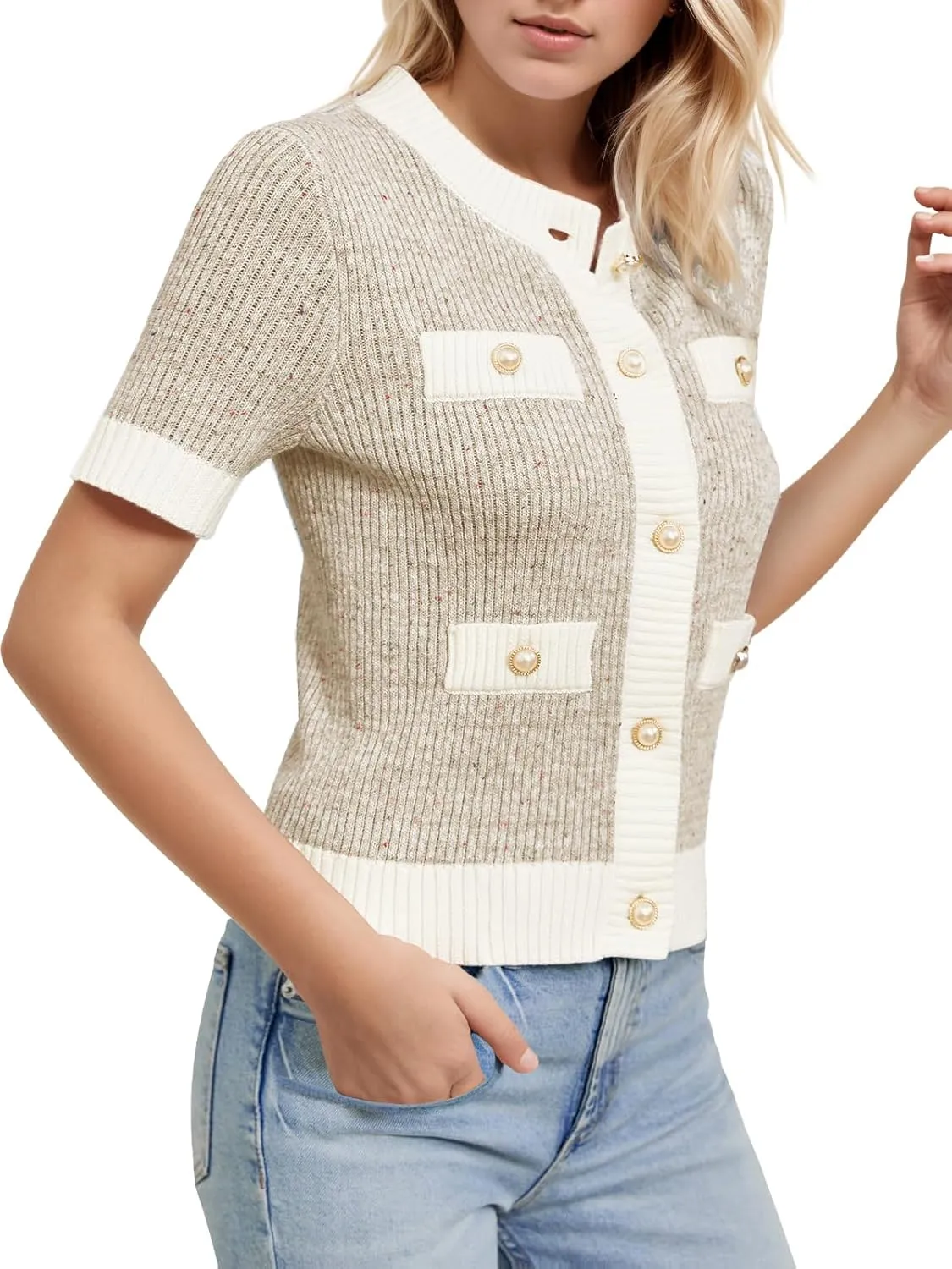 LCXWFE Womens Cropped Short Sleeve Cardigan Sweaters Crew Neck Button Down Tweed Cardigans Knitwear Tops with Pockets