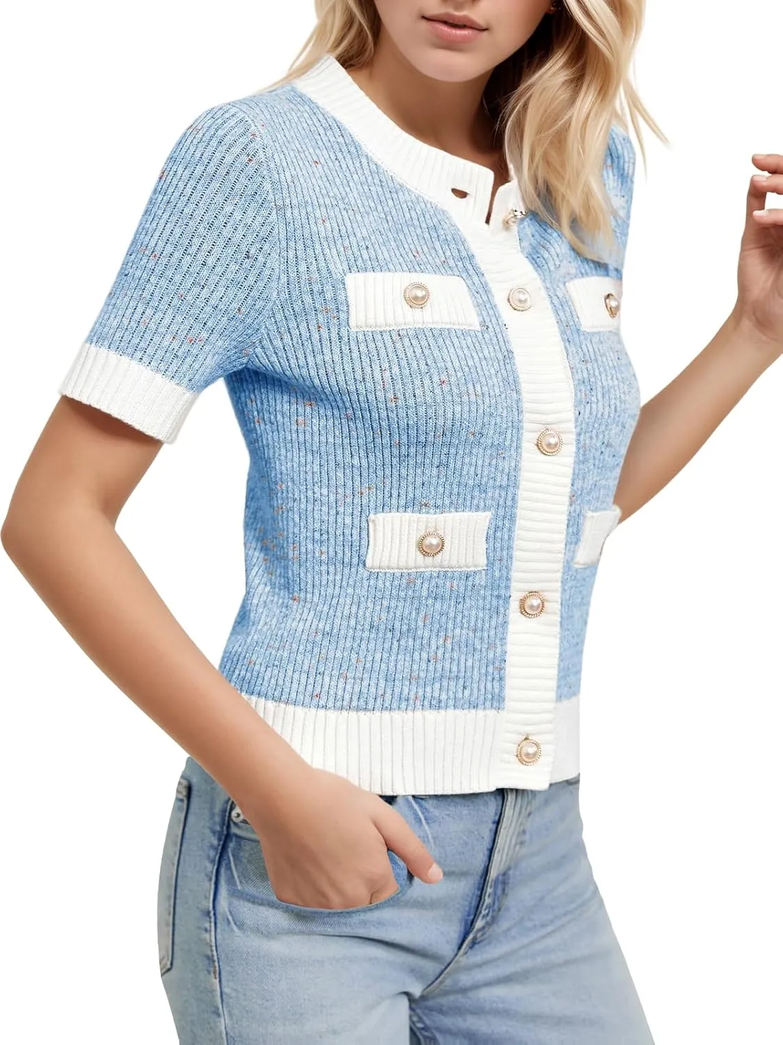 LCXWFE Womens Cropped Short Sleeve Cardigan Sweaters Crew Neck Button Down Tweed Cardigans Knitwear Tops with Pockets
