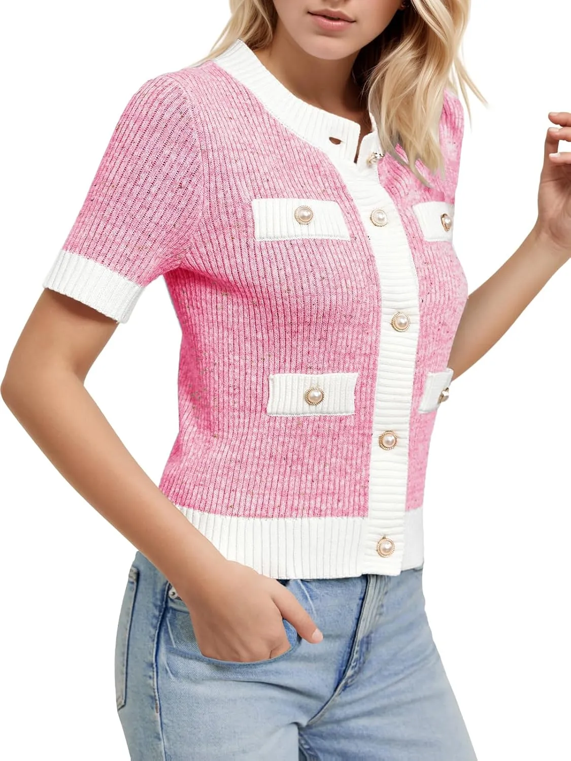 LCXWFE Womens Cropped Short Sleeve Cardigan Sweaters Crew Neck Button Down Tweed Cardigans Knitwear Tops with Pockets