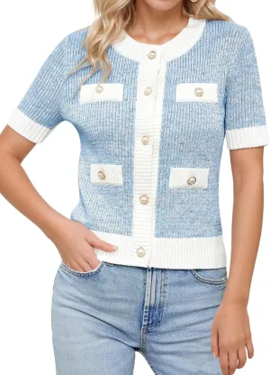 LCXWFE Womens Cropped Short Sleeve Cardigan Sweaters Crew Neck Button Down Tweed Cardigans Knitwear Tops with Pockets