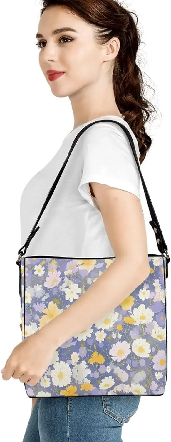 Leather Bucket Tote Bag Purse for Work, Rustic Style Floral Women PU Leather Purse Cross Body Handbag Top Handle