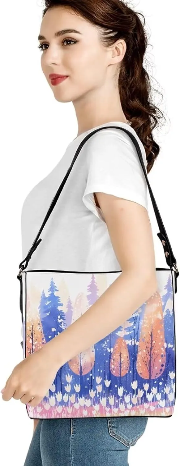Leather Bucket Tote Bag Purse for Work, Rustic Style Floral Women PU Leather Purse Cross Body Handbag Top Handle