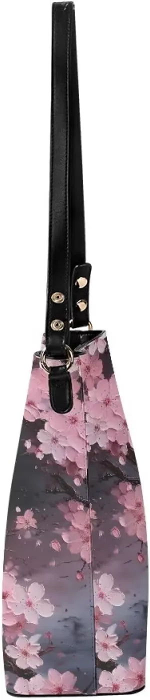 Leather Bucket Tote Bag Purse for Work, Rustic Style Floral Women PU Leather Purse Cross Body Handbag Top Handle