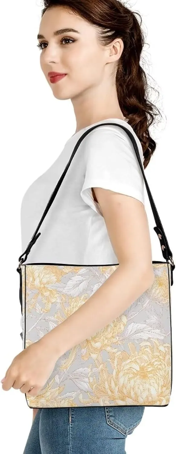 Leather Bucket Tote Bag Purse for Work, Rustic Style Floral Women PU Leather Purse Cross Body Handbag Top Handle