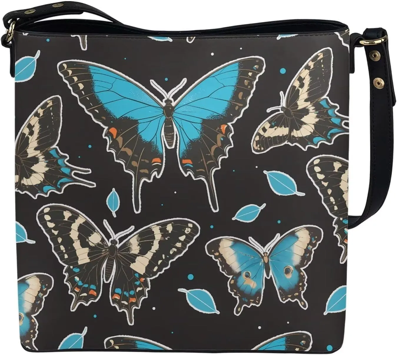 Leather Handbags for Women Painting Owls PU Leather Bucket Bag, Folk Birds Floral Women's Leather Tote Bag for Work