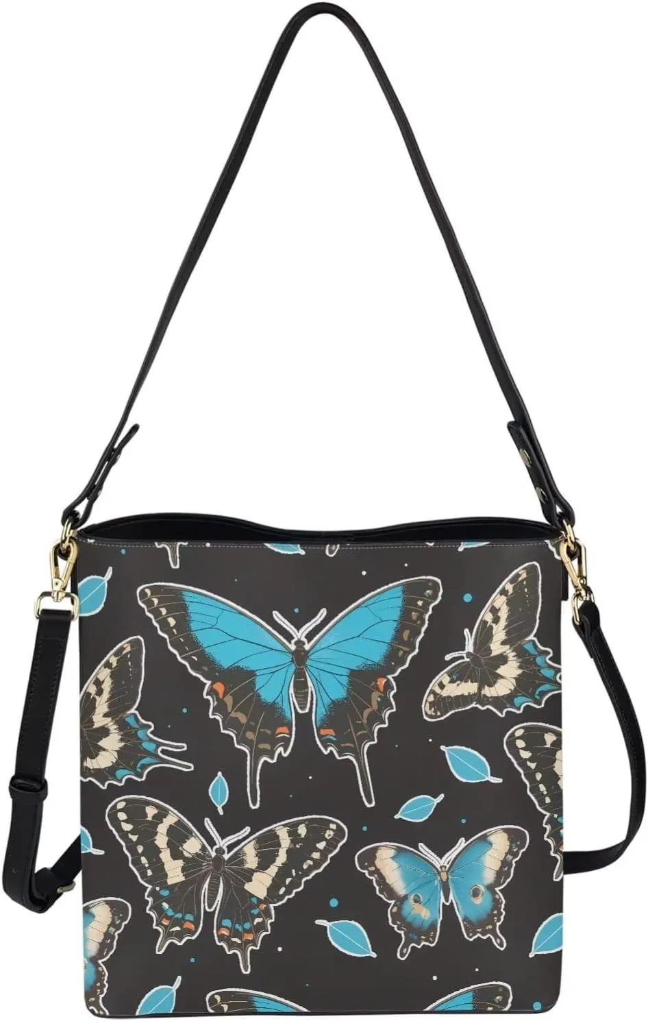 Leather Handbags for Women Painting Owls PU Leather Bucket Bag, Folk Birds Floral Women's Leather Tote Bag for Work