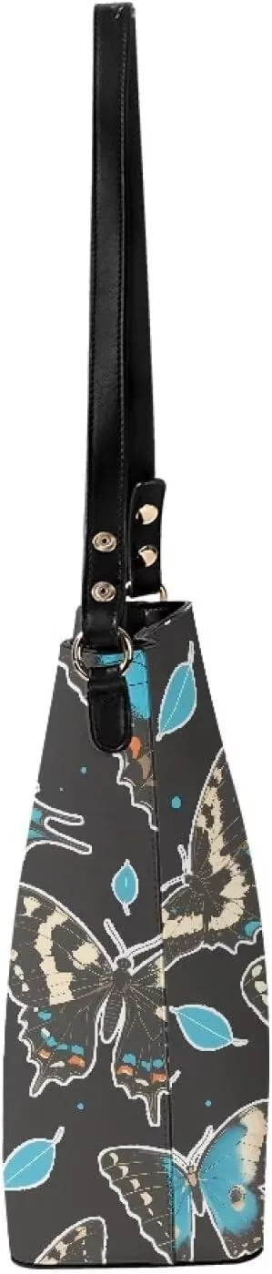 Leather Handbags for Women Painting Owls PU Leather Bucket Bag, Folk Birds Floral Women's Leather Tote Bag for Work