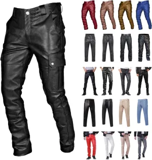 Leather Pants for Men Slim Fit Skinny Stretch Faux Leather Motorcycle Biker Pants Fashion Punk Retro Goth Hip Hop Trousers