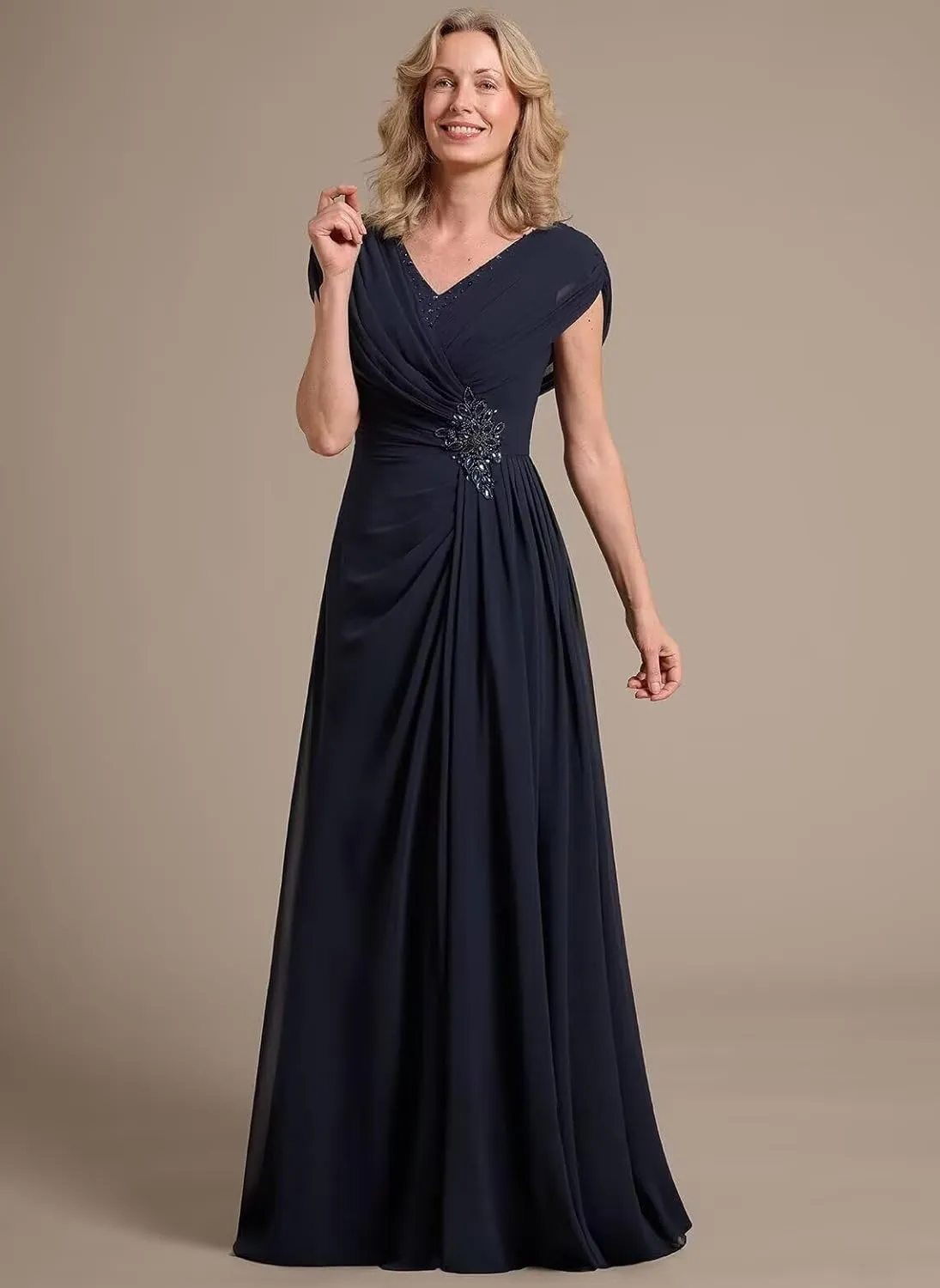 Leeskoot Chiffon Mother of The Bride Dresses with Sleeves V Neck Ruffles A Line Long Formal Wedding Guest Dress
