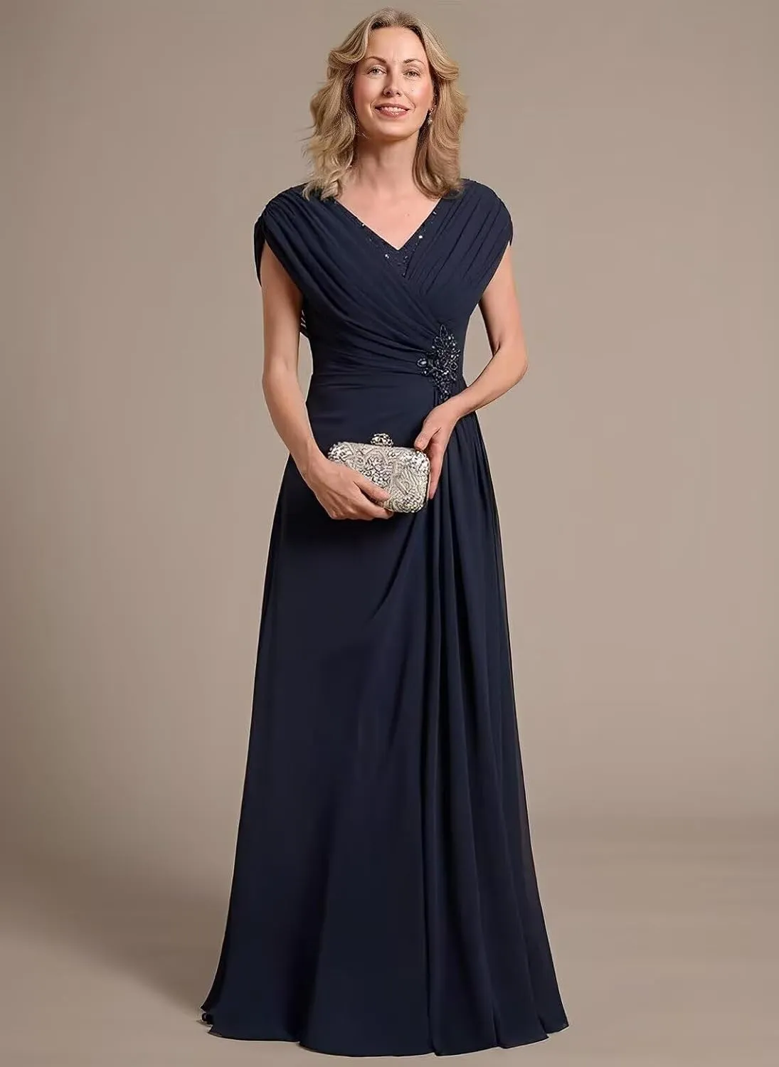 Leeskoot Chiffon Mother of The Bride Dresses with Sleeves V Neck Ruffles A Line Long Formal Wedding Guest Dress