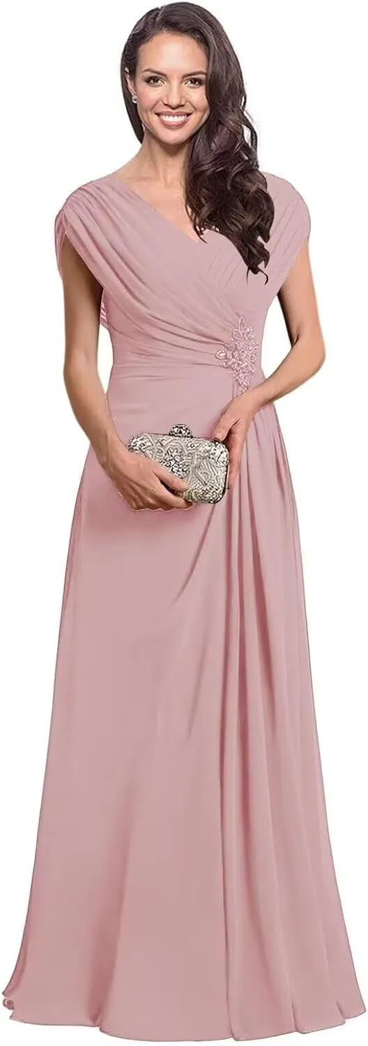 Leeskoot Chiffon Mother of The Bride Dresses with Sleeves V Neck Ruffles A Line Long Formal Wedding Guest Dress