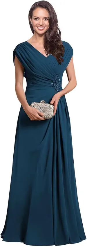 Leeskoot Chiffon Mother of The Bride Dresses with Sleeves V Neck Ruffles A Line Long Formal Wedding Guest Dress