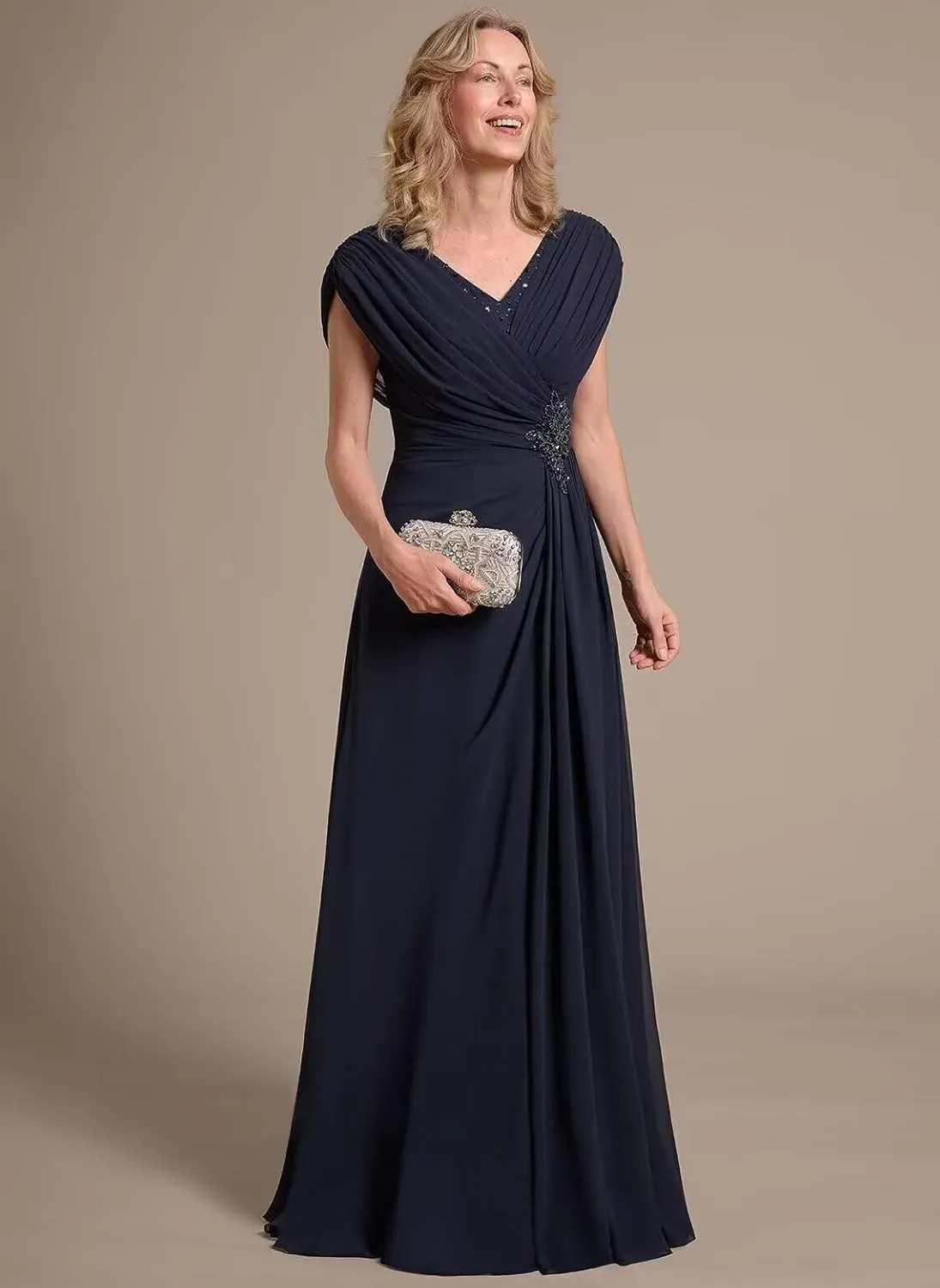 Leeskoot Chiffon Mother of The Bride Dresses with Sleeves V Neck Ruffles A Line Long Formal Wedding Guest Dress