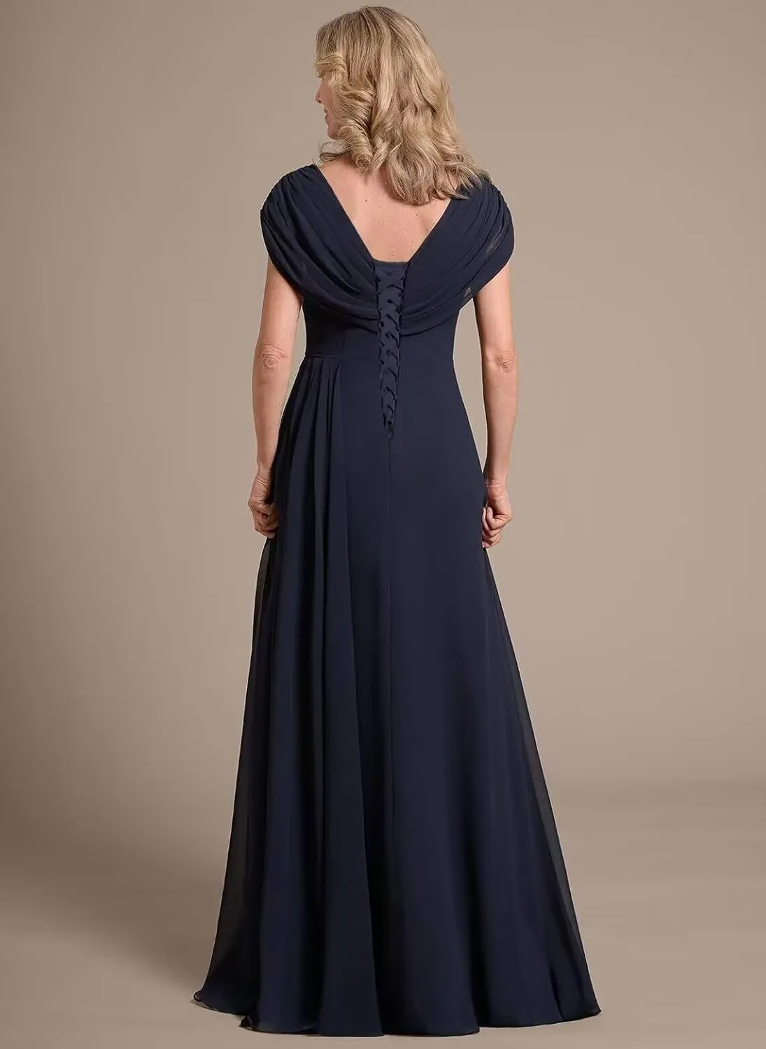 Leeskoot Chiffon Mother of The Bride Dresses with Sleeves V Neck Ruffles A Line Long Formal Wedding Guest Dress