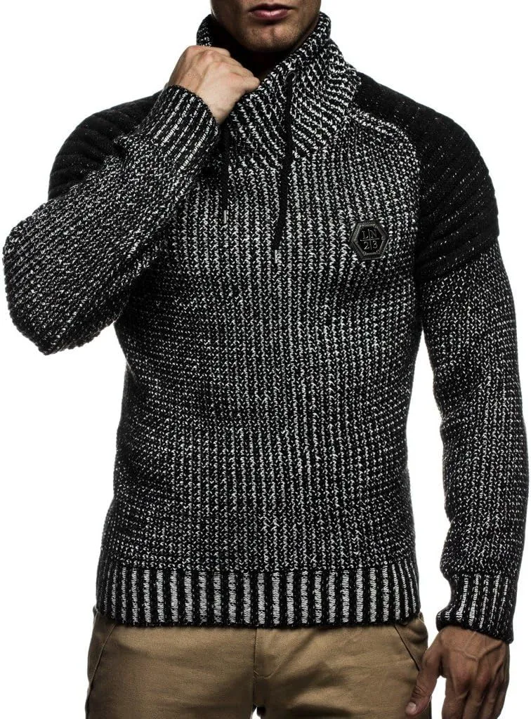 Leif Nelson Mens Knitted Pullover | Long-sleeved slim fit Knitwear | Biker-Style sweatshirt with shawl collar for Men