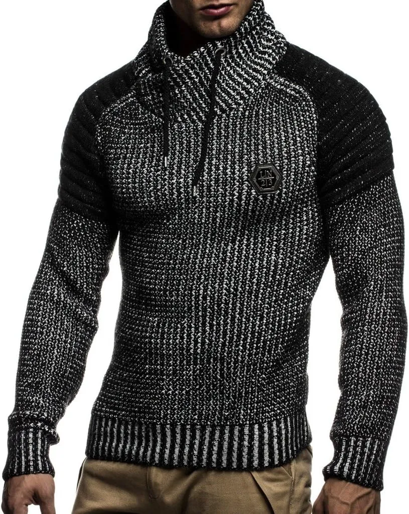 Leif Nelson Mens Knitted Pullover | Long-sleeved slim fit Knitwear | Biker-Style sweatshirt with shawl collar for Men