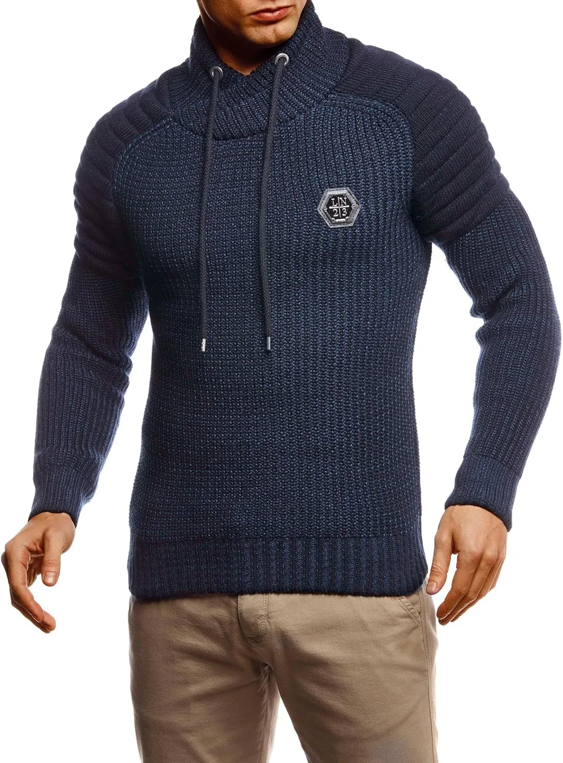 Leif Nelson Mens Knitted Pullover | Long-sleeved slim fit Knitwear | Biker-Style sweatshirt with shawl collar for Men