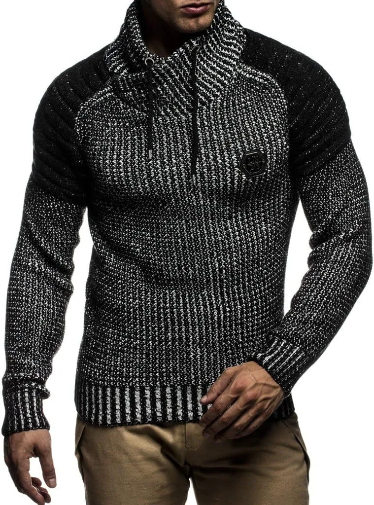 Leif Nelson Mens Knitted Pullover | Long-sleeved slim fit Knitwear | Biker-Style sweatshirt with shawl collar for Men