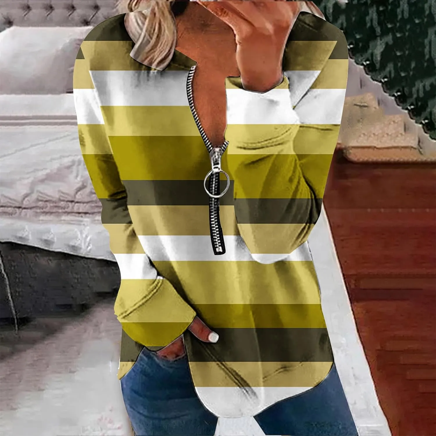Lightweight Zip Up Hoodie For Women Trendy 2023 Fall Striped Print Tunic Tops Quarter Zip Casual Pullover Sweatshirt
