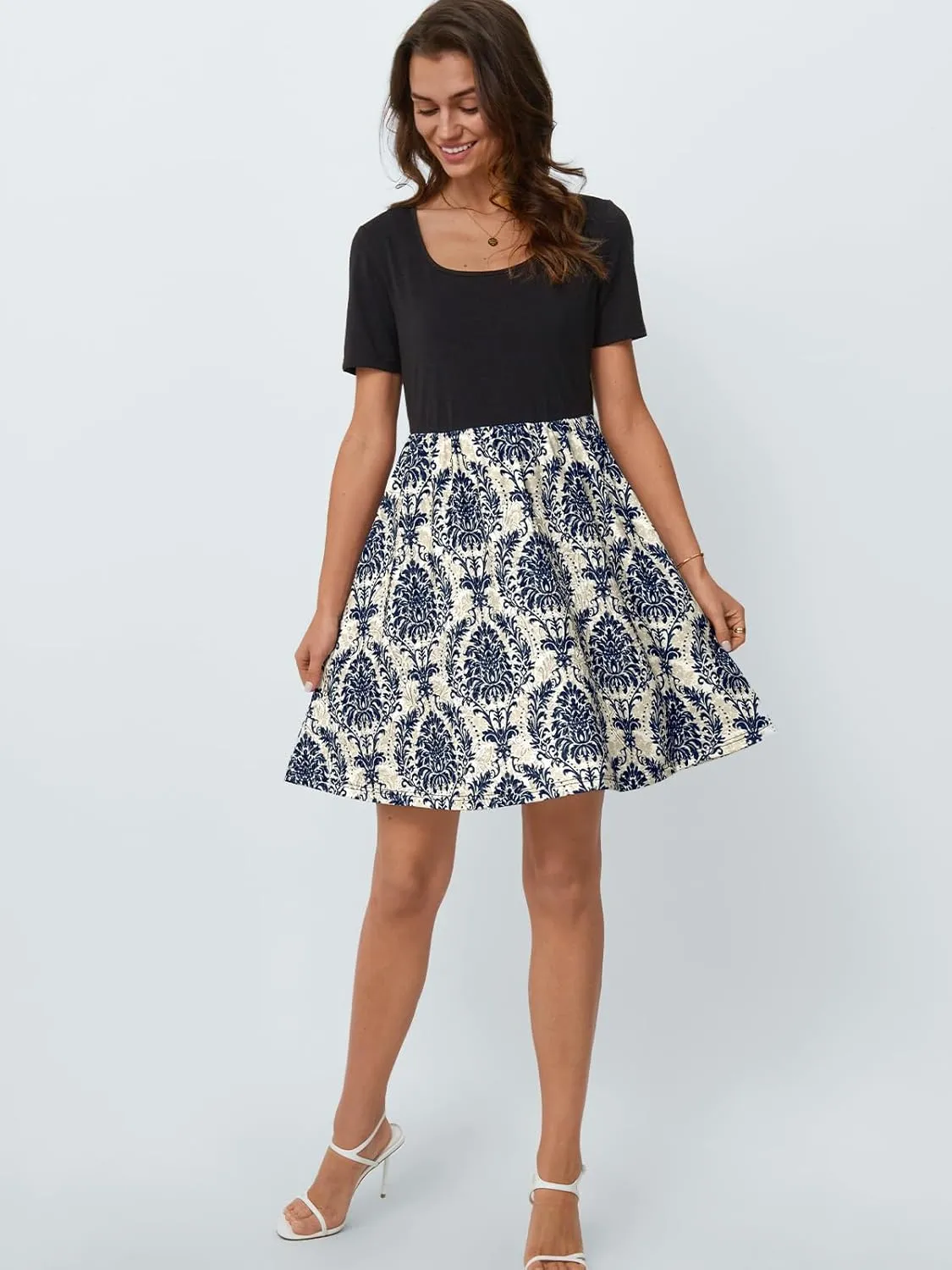 LILLUSORY Womens Scoop Neck Short Sleeve Floral Mini Dress with Pockets