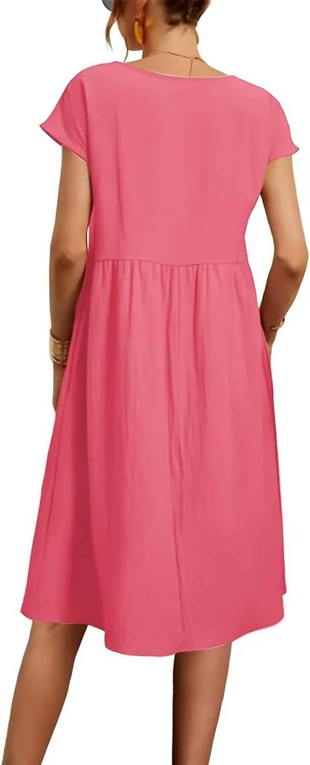 Linen Dresses for Women Summer Plus Size Short Sleeve Midi Dress Casual Fashion Beach Vacation Sundress with Pockets