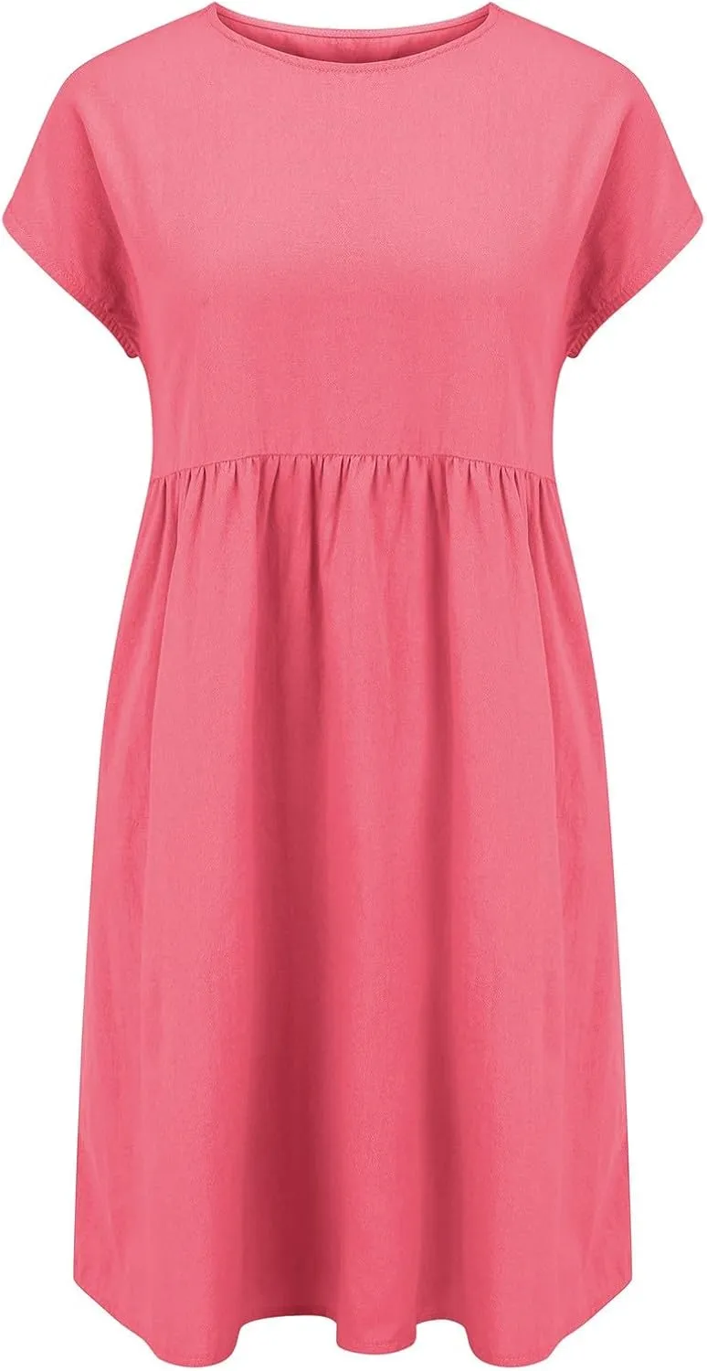 Linen Dresses for Women Summer Plus Size Short Sleeve Midi Dress Casual Fashion Beach Vacation Sundress with Pockets