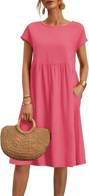 Linen Dresses for Women Summer Plus Size Short Sleeve Midi Dress Casual Fashion Beach Vacation Sundress with Pockets
