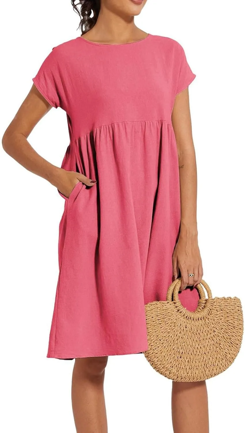 Linen Dresses for Women Summer Plus Size Short Sleeve Midi Dress Casual Fashion Beach Vacation Sundress with Pockets