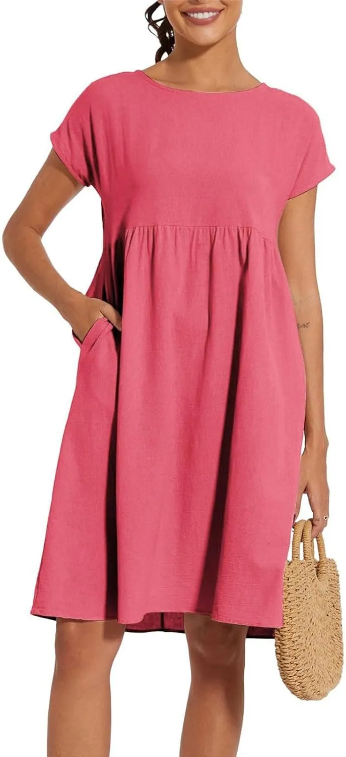 Linen Dresses for Women Summer Plus Size Short Sleeve Midi Dress Casual Fashion Beach Vacation Sundress with Pockets
