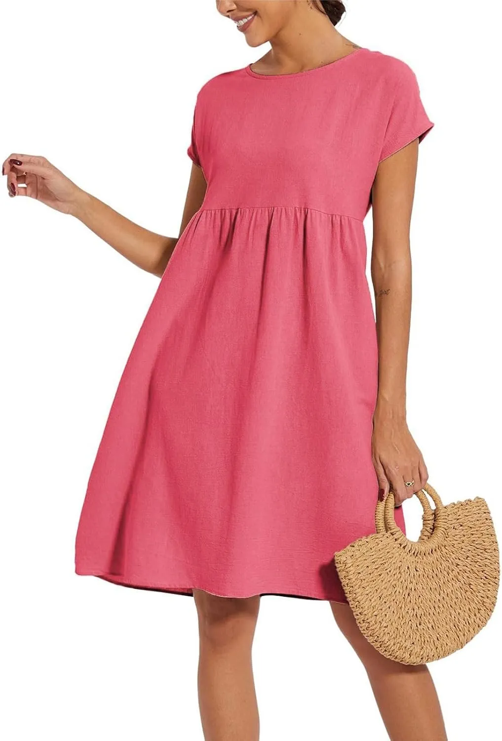 Linen Dresses for Women Summer Plus Size Short Sleeve Midi Dress Casual Fashion Beach Vacation Sundress with Pockets