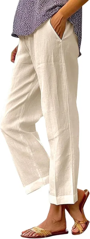 Linen Pants for Women Lightweight High Waist Straight Leg Cropped Pants Casual Summer Crop Pant Trousers with Pockets