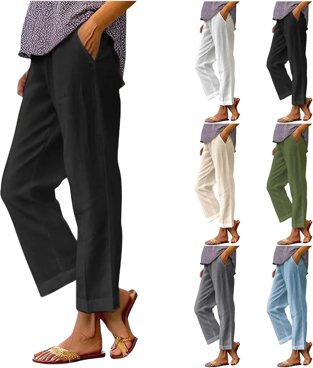 Linen Pants for Women Lightweight High Waist Straight Leg Cropped Pants Casual Summer Crop Pant Trousers with Pockets