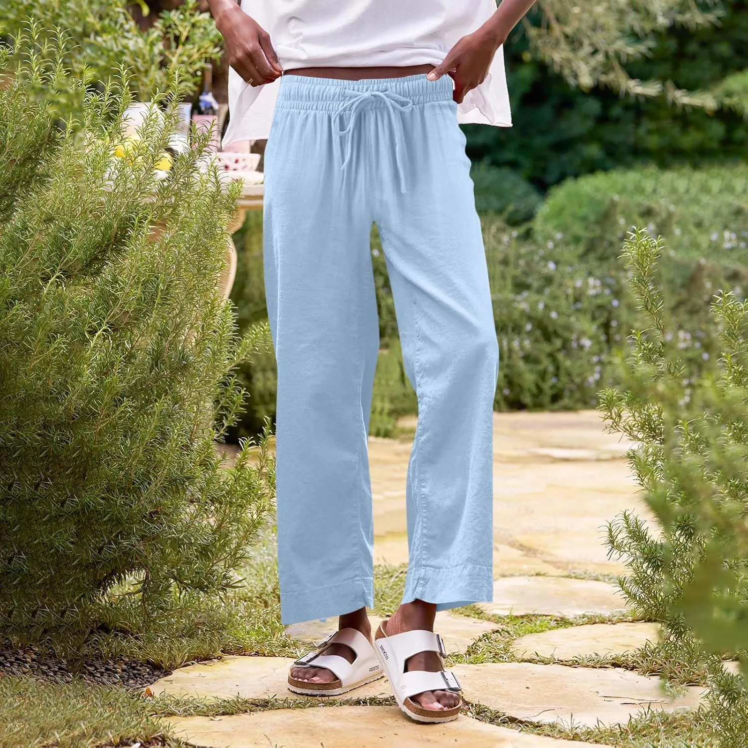 Linen Pants Women High Waist Wide Leg Cropped Pants Baggy Summer Business Casual Stretchy Dress Trousers with Pockets