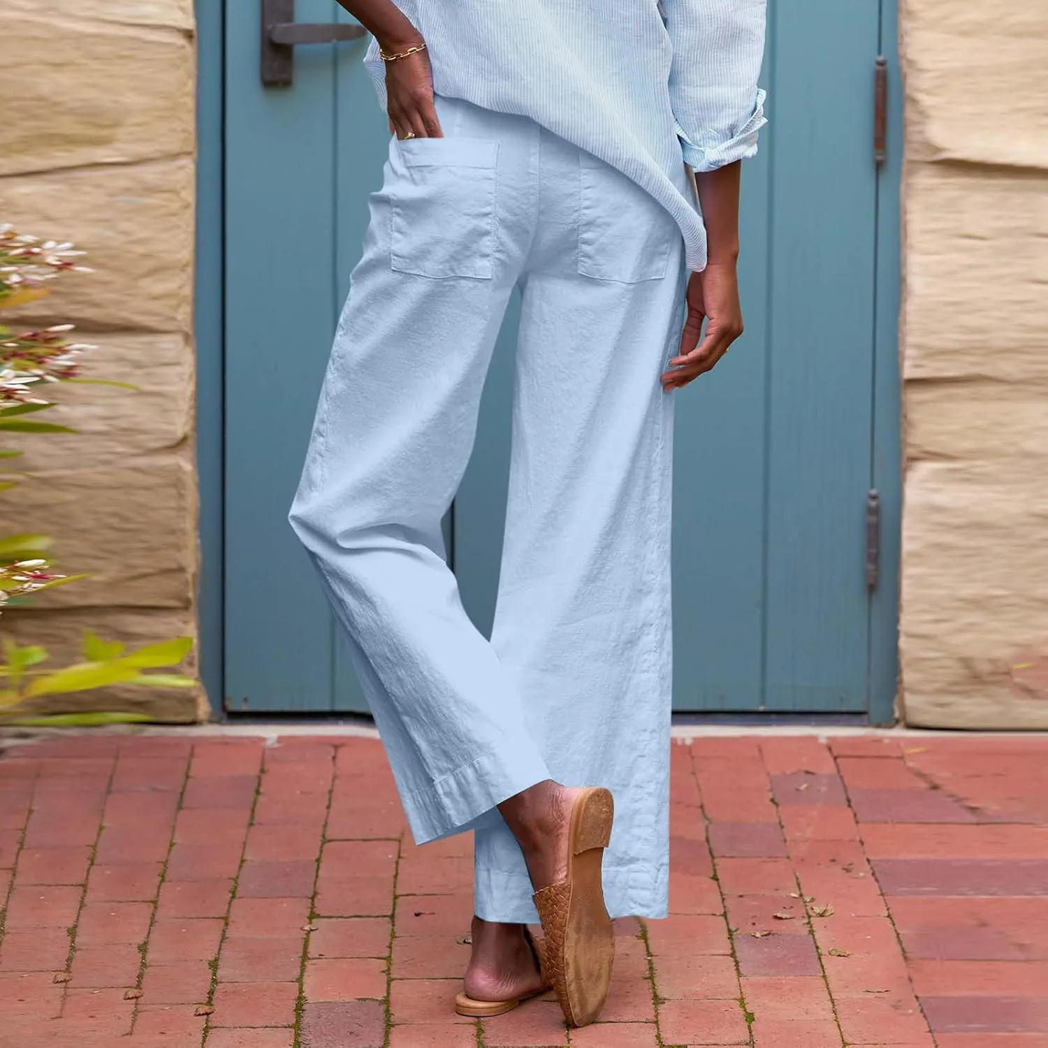 Linen Pants Women High Waist Wide Leg Cropped Pants Baggy Summer Business Casual Stretchy Dress Trousers with Pockets