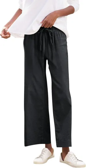 Linen Pants Women High Waist Wide Leg Cropped Pants Baggy Summer Business Casual Stretchy Dress Trousers with Pockets