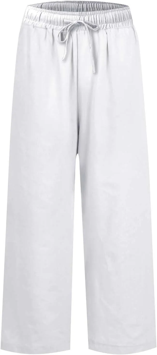 Linen Pants Women High Waist Wide Leg Cropped Pants Baggy Summer Business Casual Stretchy Dress Trousers with Pockets