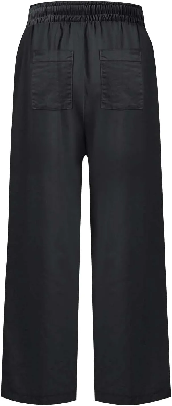Linen Pants Women High Waist Wide Leg Cropped Pants Baggy Summer Business Casual Stretchy Dress Trousers with Pockets