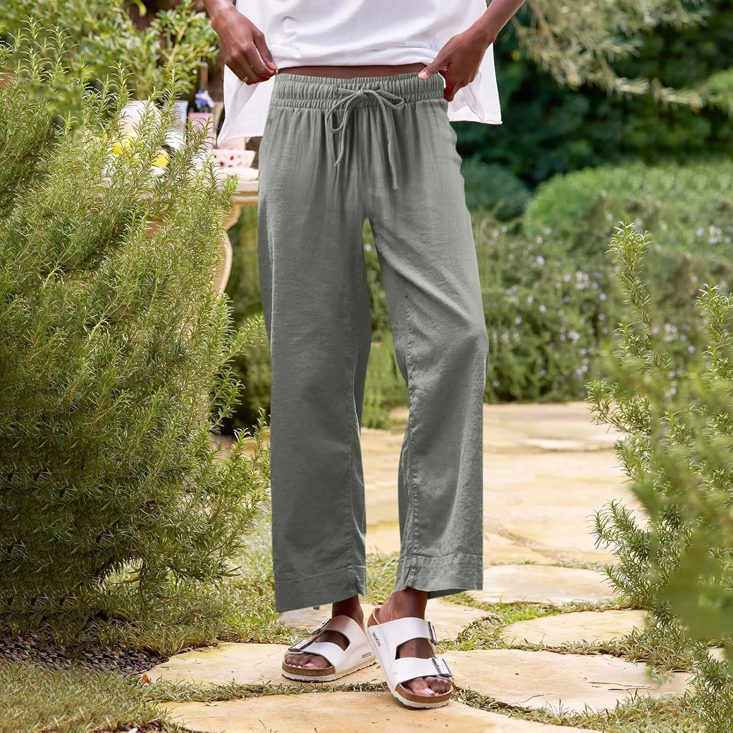 Linen Pants Women High Waist Wide Leg Cropped Pants Baggy Summer Business Casual Stretchy Dress Trousers with Pockets