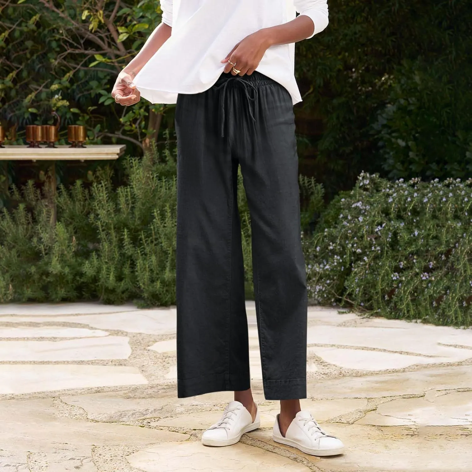 Linen Pants Women High Waist Wide Leg Cropped Pants Baggy Summer Business Casual Stretchy Dress Trousers with Pockets