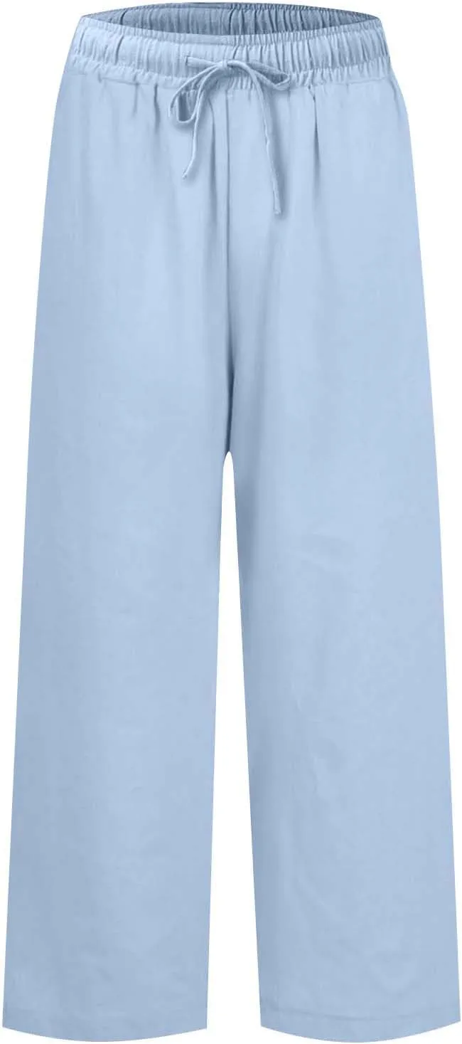 Linen Pants Women High Waist Wide Leg Cropped Pants Baggy Summer Business Casual Stretchy Dress Trousers with Pockets