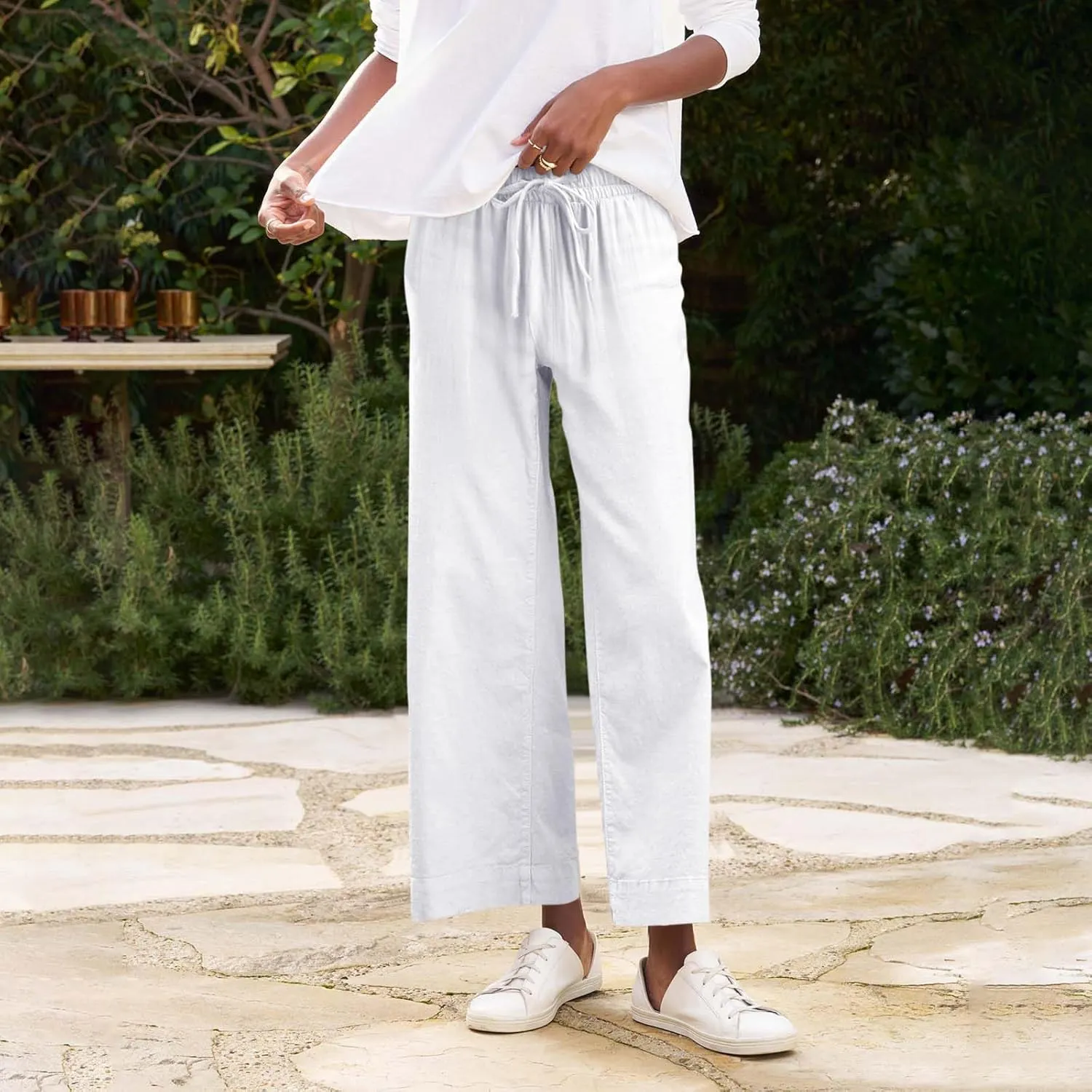 Linen Pants Women High Waist Wide Leg Cropped Pants Baggy Summer Business Casual Stretchy Dress Trousers with Pockets